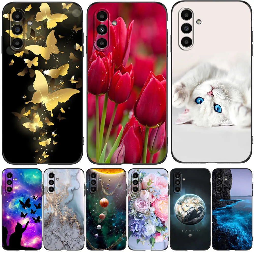 För Samsung Galaxy A04S Case Phone Back Cover Soft Silicone Protective Black TPU 302 Cat Cute Marble