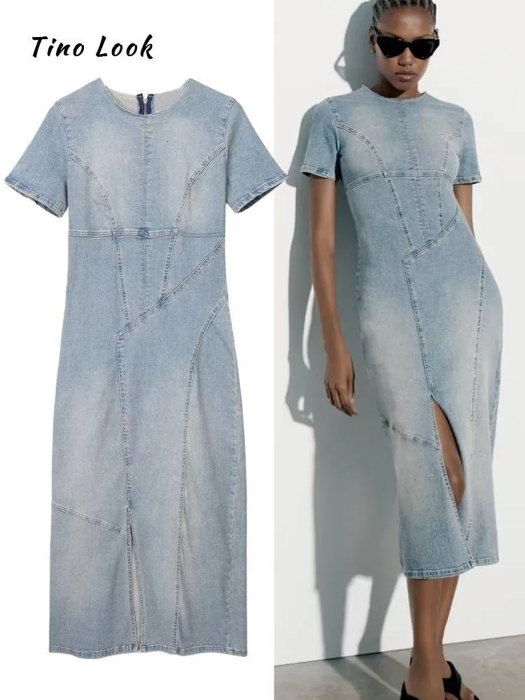 Vestidos casuais básicos mulher denim vestido 2023 verão zip frente split jean manga curta o pescoço azul longo mulheres streetwear feminino vestidos 230715