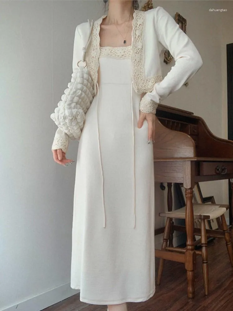 Vestidos casuais noite longo luxo 2023 branco com cardigã renda duas peças conjuntos de vestido festa feminina aniversário roupas de grife