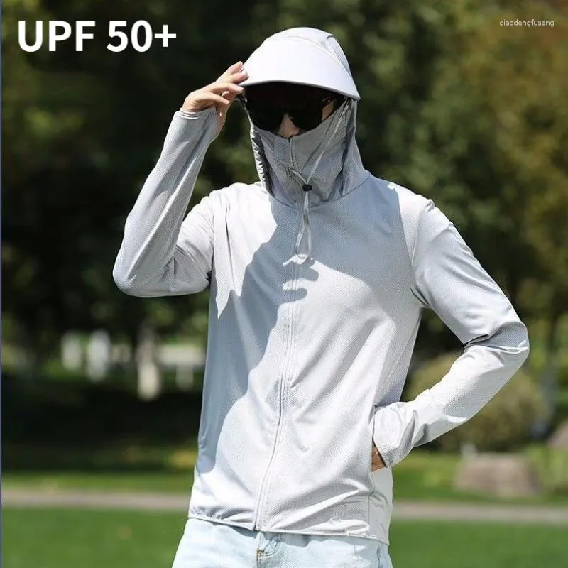 Мужские куртки UPF50 Ледяной шелковый солнцезащитный крем Мужчина 2023 Летняя верхняя одежда УФ со съемным капюшоном дышащий свободный ультратонкий слой