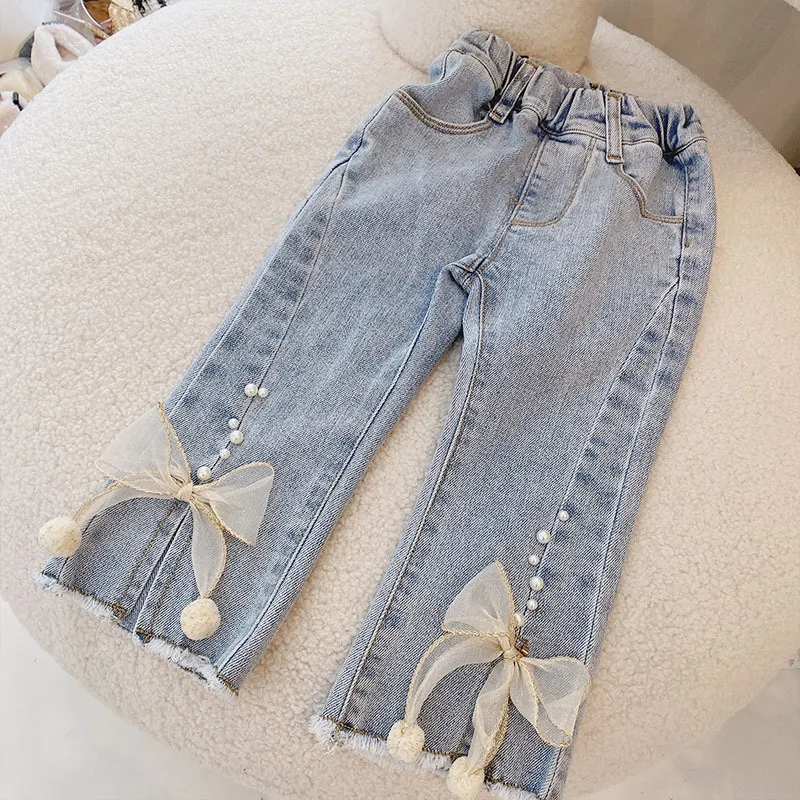 Vår barnflicka baby kläder mode design pärla denim byxor för småbarn barnflicka tyg baby födelsedag elastiska byxa jeans