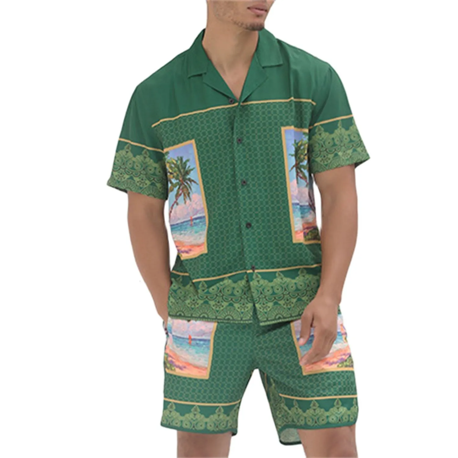 Herrspårar män set kort ärm hawaiiansk skjorta shorts sommar avslappnad blommor skjorta strand två bitar mode mode män set s-xxxl 230715