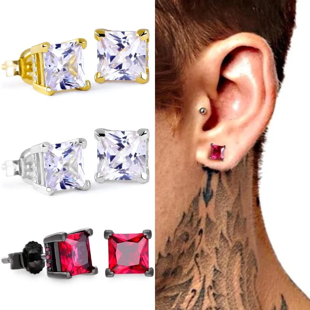 Hip Hop Rapper Men Studörhängen smycken Guld Silver Foursquare Diamond 8mm Colored Red Square Big Zircon Earrings Night Club Jewelry Accessories 1477