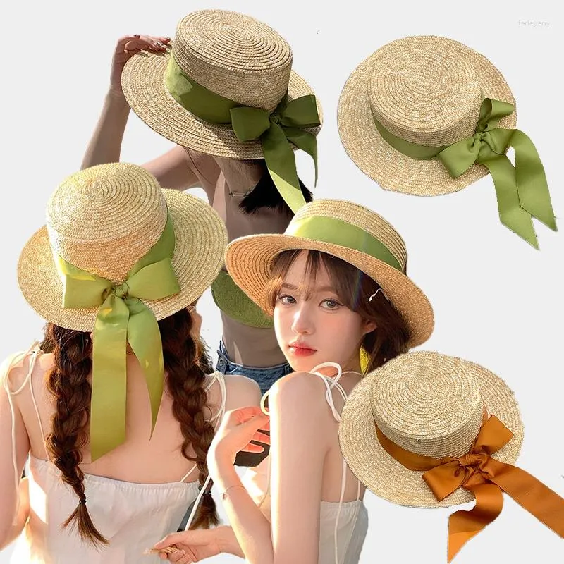 Cappelli a tesa larga Estate 7cm Spiaggia Donna Ragazza Classico Rotondo Piatto Cappello di paglia Fiocco Nastro Elegante Lady Cappellino da sole Chapeau Sombreros