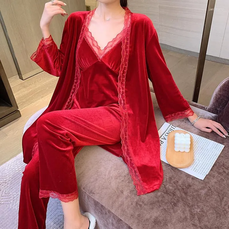 Kvinnors sömnkläder Autumn Ladies 3pcs Pyjamas Set Sweet Lace Trim Home Wear Sexig V-ringningsband Nattkläder Vinter Velor Casual Bathrobe