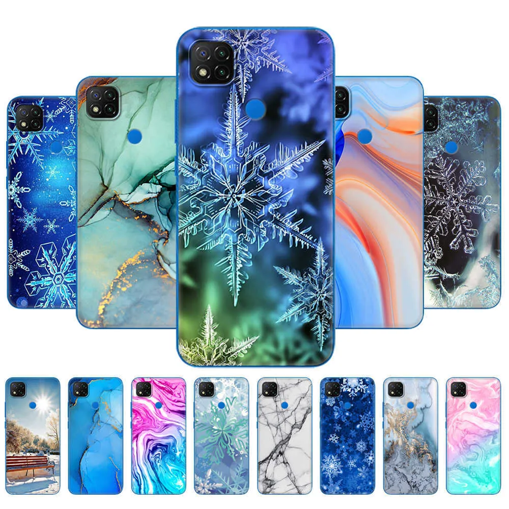 Dla Xiaomi Redmi 9c Case 6,53 cala miękka krzem TPU TELEFON TELEFOWA NFC COQUE MARBLE Snow Snow Flake Zimowe Boże Narodzenie