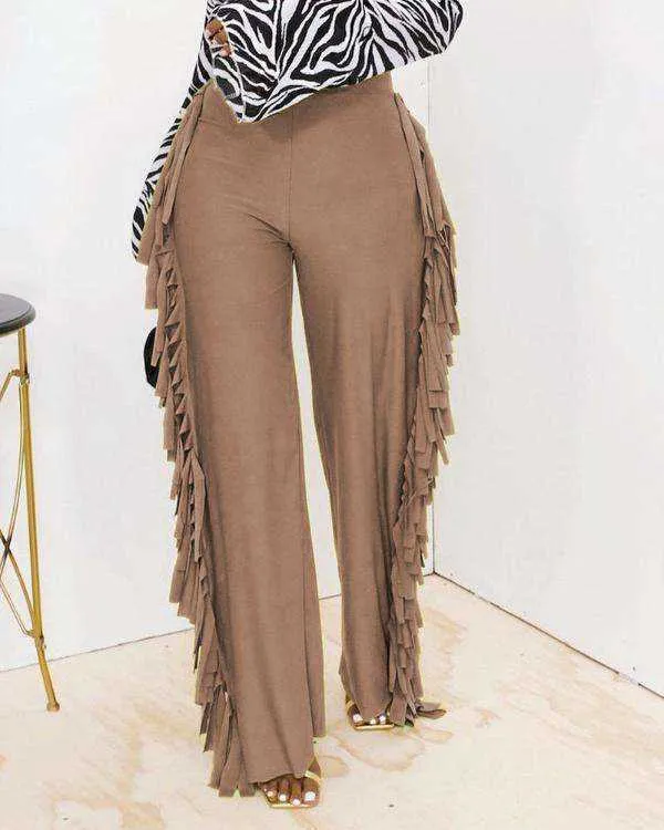 Solid color fashionable temperament tassel high waist loose pants for women's clothing