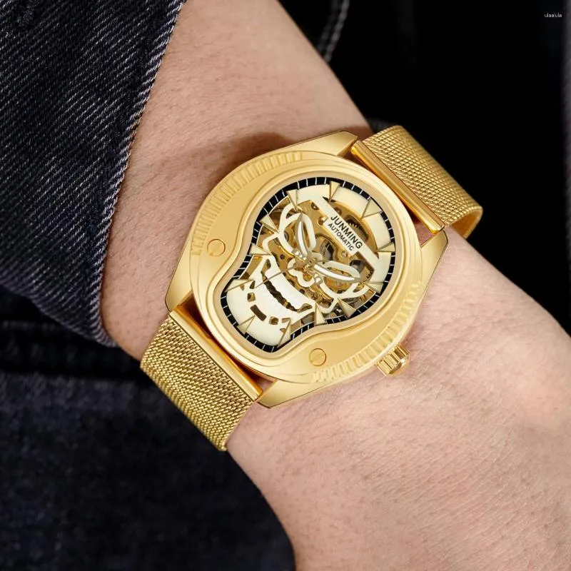 DHgate Wristwatches JUNMING Top Brand Authentic Carved Wristwatch Fully Automatic Men s Watches Fashion Luxury Mechanical Male Clock Reloj Hombre Watches