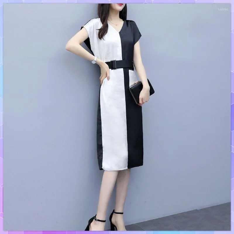 Casual Dresses Plus Size V Neck Korean Women's Dress Chic Slim Temperament Hit Color Single Button Elegant Shirts ärmlös ol Vestido