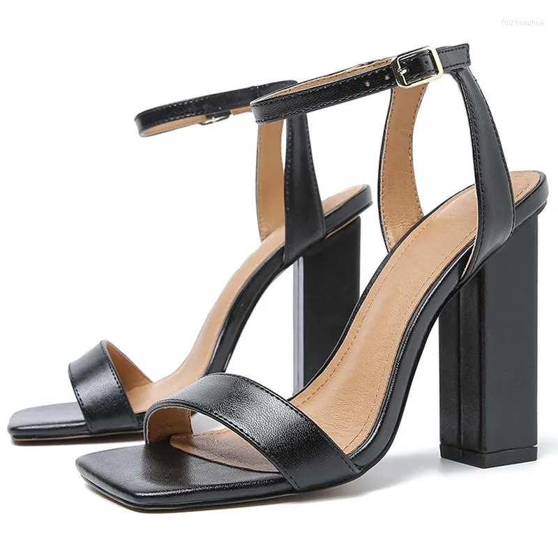 Fashion Women Sandals S carré semelle hauts chaussures bloc talon la cheville draps dames middames fête des chaussures de fête noire