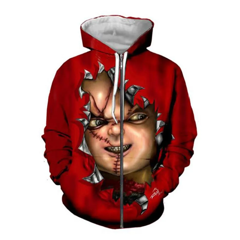 Zaakceptuj Drogi Design klienta DIY Horror film Chucky 3D Hoodies Women Men Men 3D Print Sublimation Zapip Botus323k