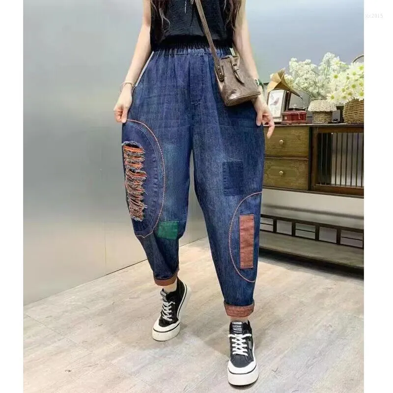 Retro Oversized Denim Wide High Jeans With Ripped Holes And