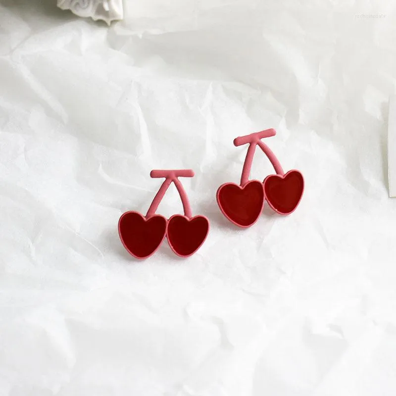 Orecchini a bottone Rosso Doppio cuore Ciliegia Cartone animato Frutta Dolce e adorabile 2023 Gioielli con ciondoli da donna