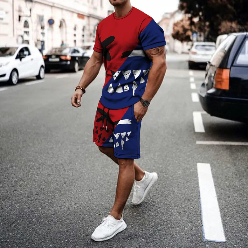 MĘŻCZYZNY DRUKOWANY 3D Kolorowa uśmiechnięta twarz Męskie Set Set Ubrania Streetwear For Man Tshirt Summer Tshirt Krótkie dwa sztuki 230715