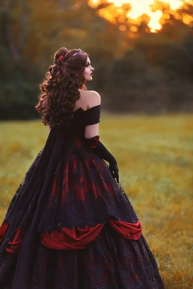 thumbnail image 2 of Gothic Vintage Wedding Dress – 1980s Style Beaded Ruched Lace Ball Gown – Custom Made 2 of 4