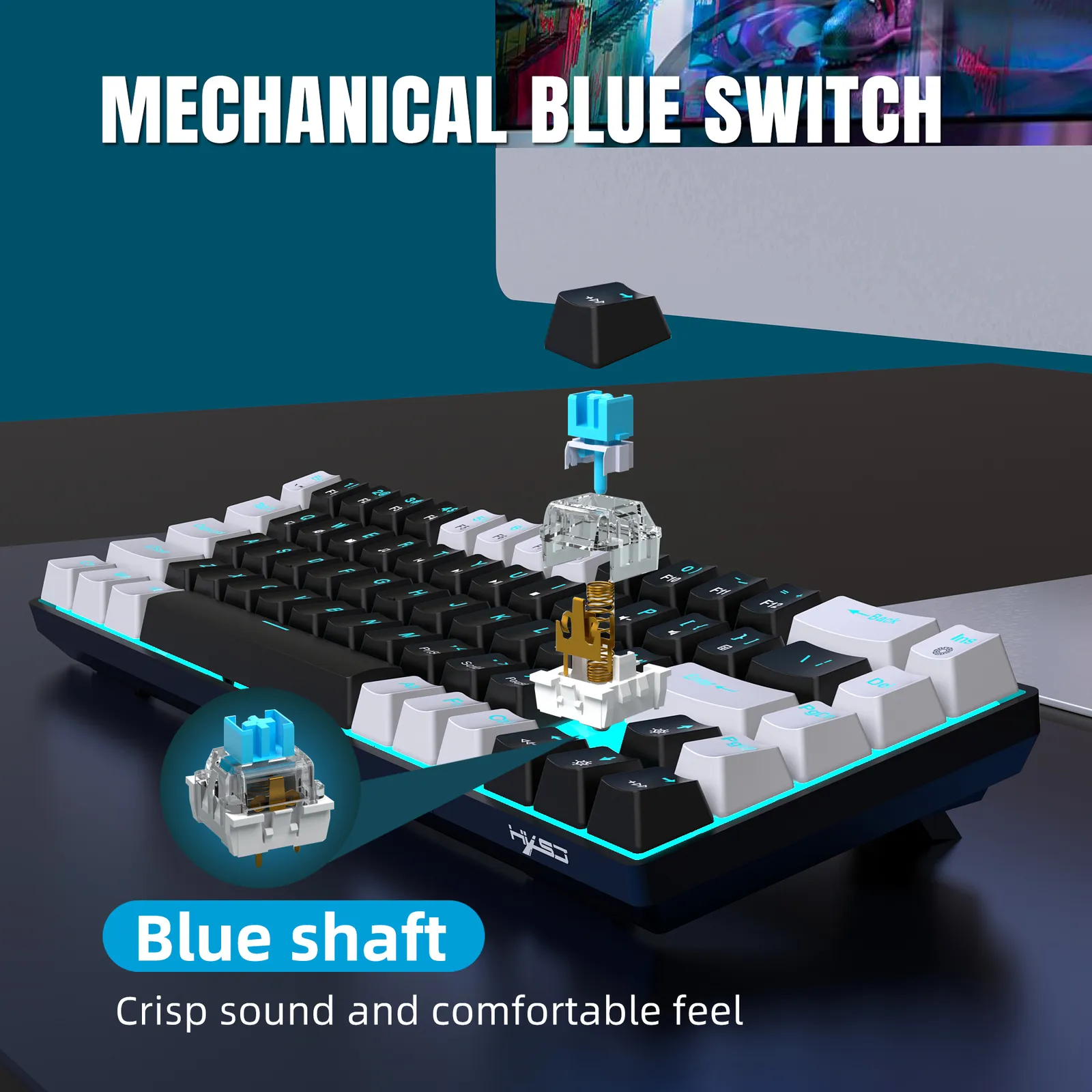 Mini clavier mécanique 60 % avec interrupteur bleu, clavier de jeu  rétroéclairé bleu glace, clavier d'ordinateur de bureau portable, petits  claviers