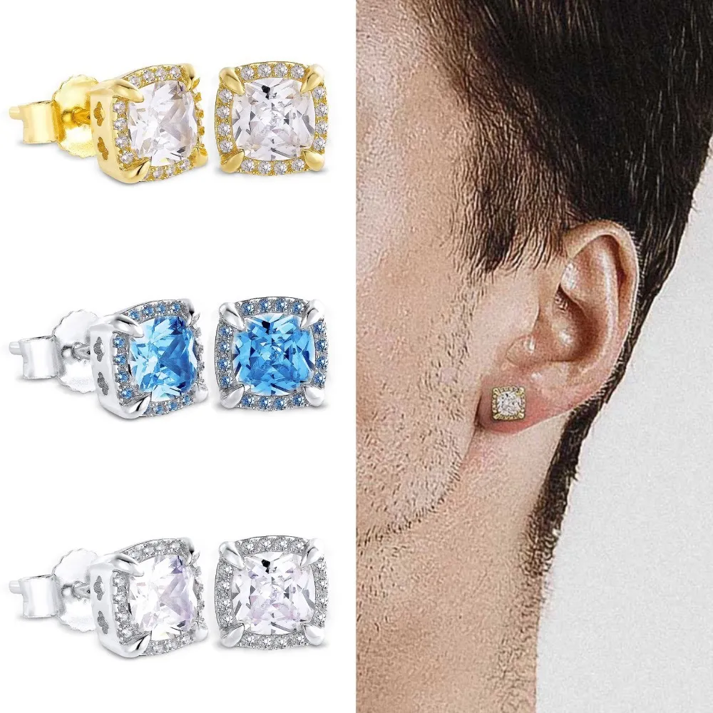 Hip Hop rapper Men Stud Earrings Jewelry Gold Silver foursquare Diamond 8mm colored square big zircon earrings night club Jewelry accessories 1474