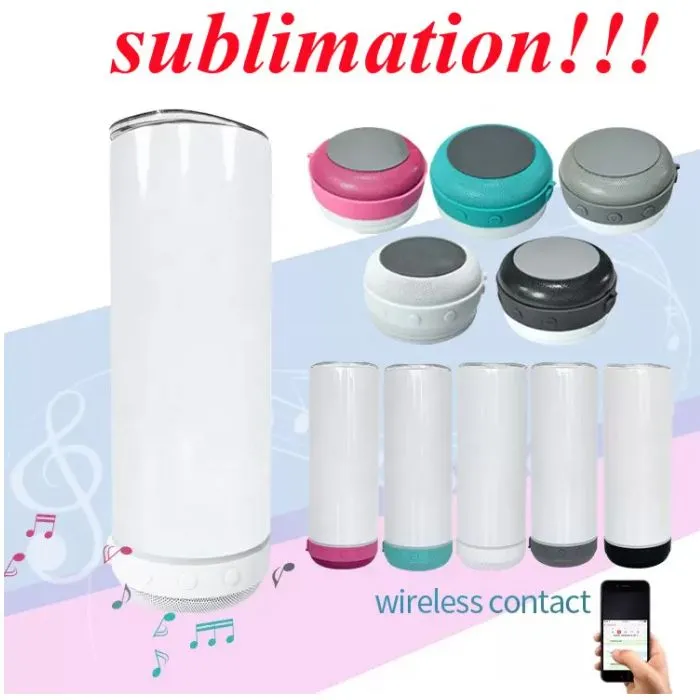 Wholesale 20oz Sublimation Bluetooth Tumblers Straight Speaker Tumblers 4 Colors Audio Stainless Steel Music Cup Creative Double Wall Mug With Lids