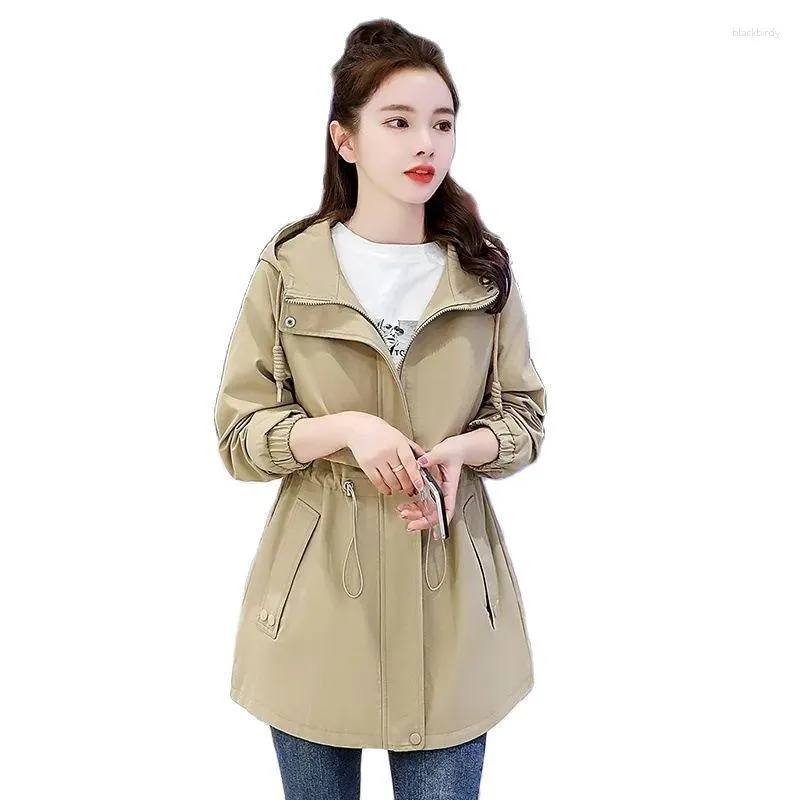 Women's Trench Coats 2023 Spring Autumn Mid-length Coat Women Hooded Windbreaker Lady Khaki Blue Black Loose Outerwear Casual Top Overcoat