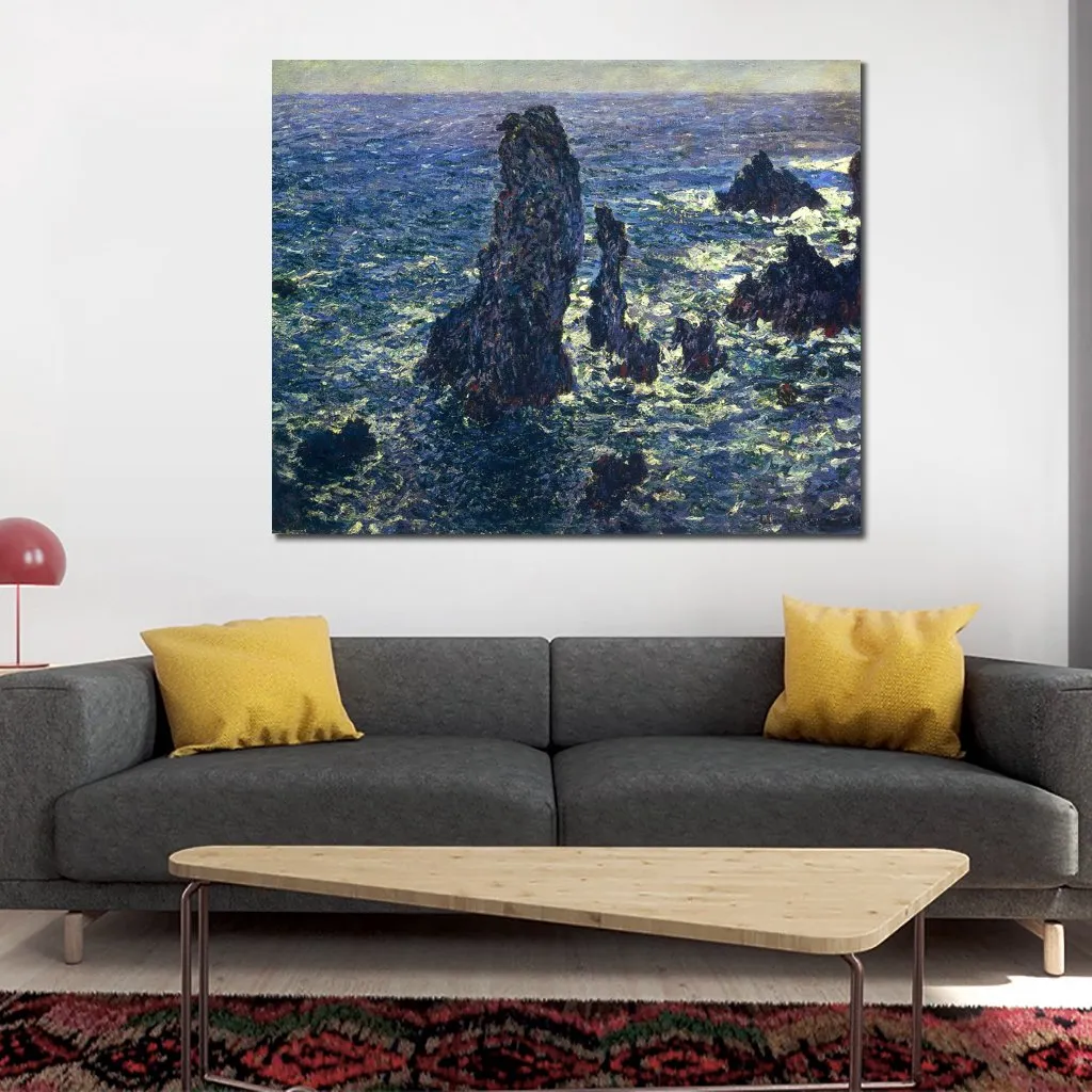 Lienzo impresionista, acantilados de las pirámides en Belle-ile, pintura al óleo de Claude Monet, paisaje hecho a mano, decoración moderna para dormitorio