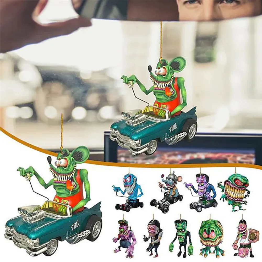 Objets décoratifs Figurines Dessin animé Big Mouth Monster Car Pendentif Acrylique Plat Poupée Modèle Home Decor Rat Fink Fou Souris Conduite Statue Accessoires 230715