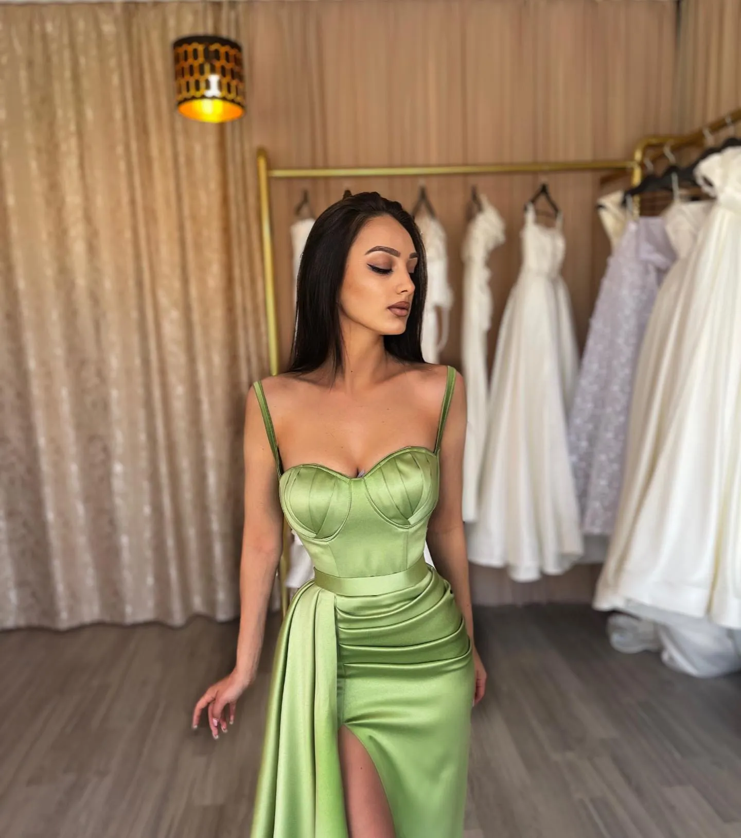 Light Green Spaghetti Strap A-Line Green Satin Prom Dress with Pleats and Slit - Elegant Formal Evening Gown for Special Occasions