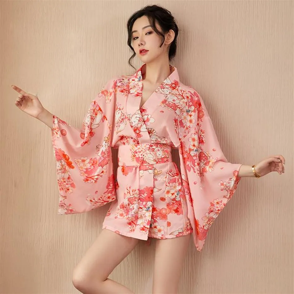 Roupas Étnicas Femininas Kimono Japonês Cherry Blossom Print Chiffon Cintura Rosa Solto Confortável Menina Roupão de Banho Casa Pijamas Kawaii 2745