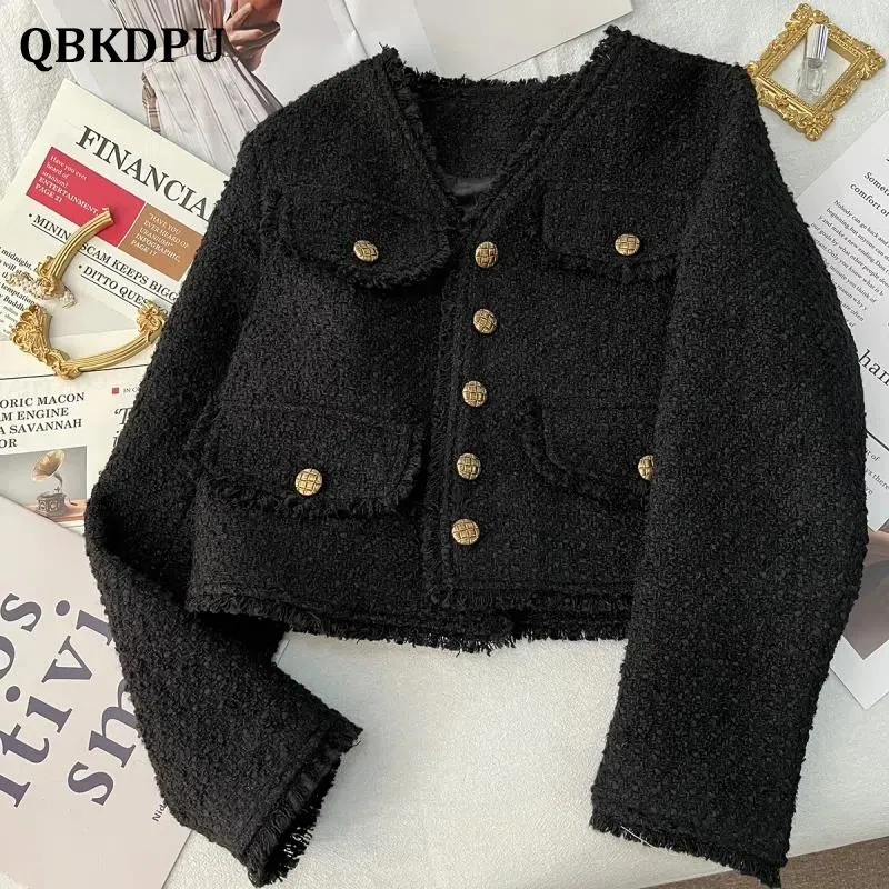 Giacche Giacca in tweed con scollo a V vintage nera Donna Autunno Moda coreana Cappotto corto monopetto con frange Elegante capispalla con design tascabile finto