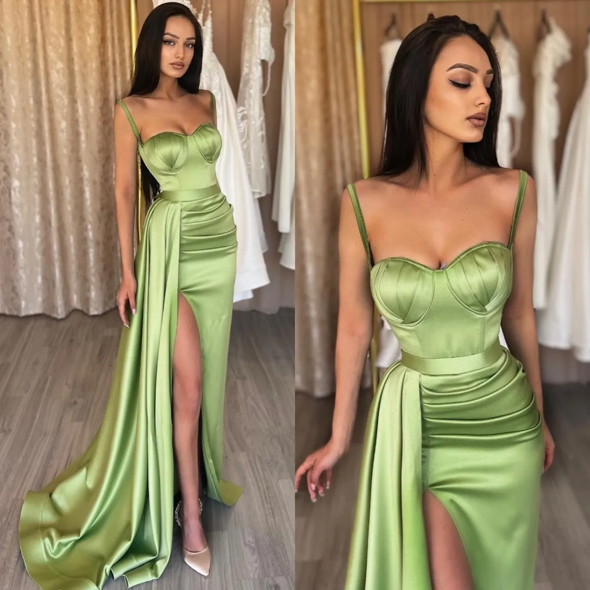 Élégant Une Ligne Vert Clair Robes De Bal Spaghetti Robes De Soirée Plis Fente Formelle Longue Occasion Spéciale Robe De Soirée