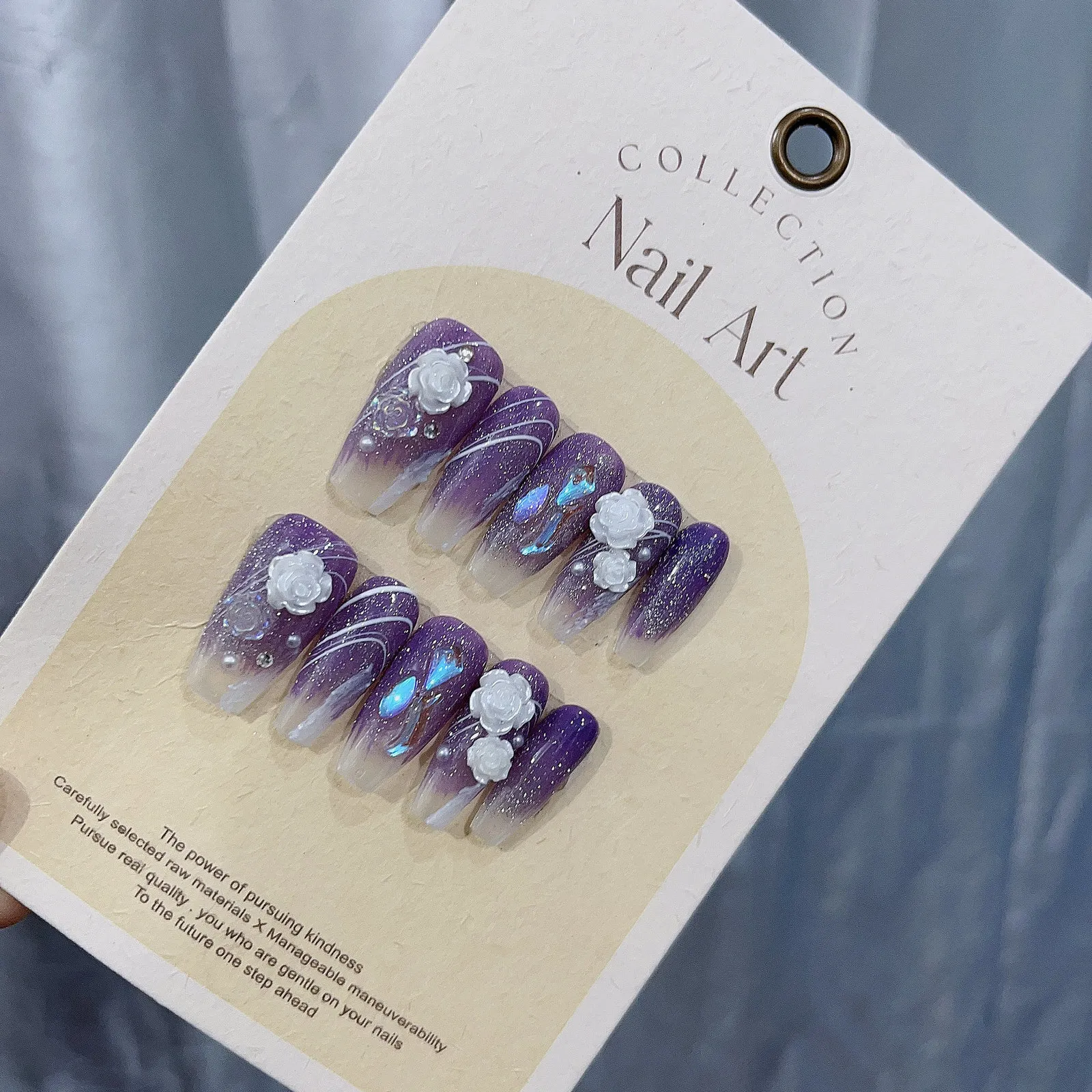 Falska naglar handgjorda lila kamelia hybrid falsk romantisk press på naglar - härlig och drömmande konst i Emmabeauty butik nr .em1957 230715