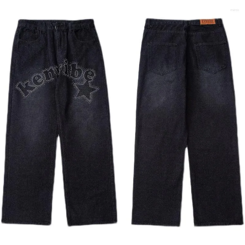 Jeans pour hommes Y2k hommes rétro lavé vieux diamant rue ample Hip Hop Harajuku lettres étoile jambe large noir Streetwear