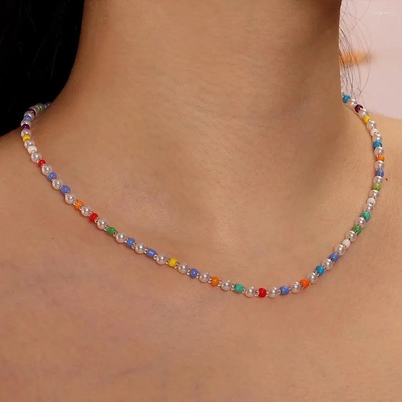 Halsband Mode Perlen Halskette Farbe Sommer Strand Schlüsselbein Kette Kurze HalsketteImitation Perle Für Frauen Schmuck