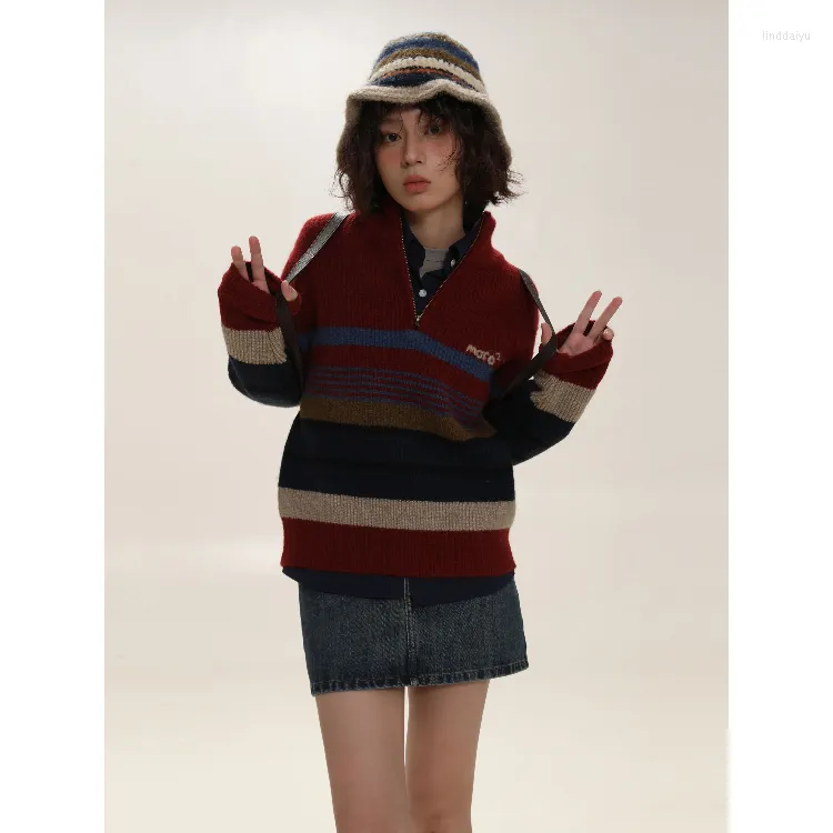 Women's Sweaters Korobov Vintage Embroidery Sweater Half Zipper Knitwears Stripe Contrasting Colors High Collar Leisure Pullover Y2k Clothes