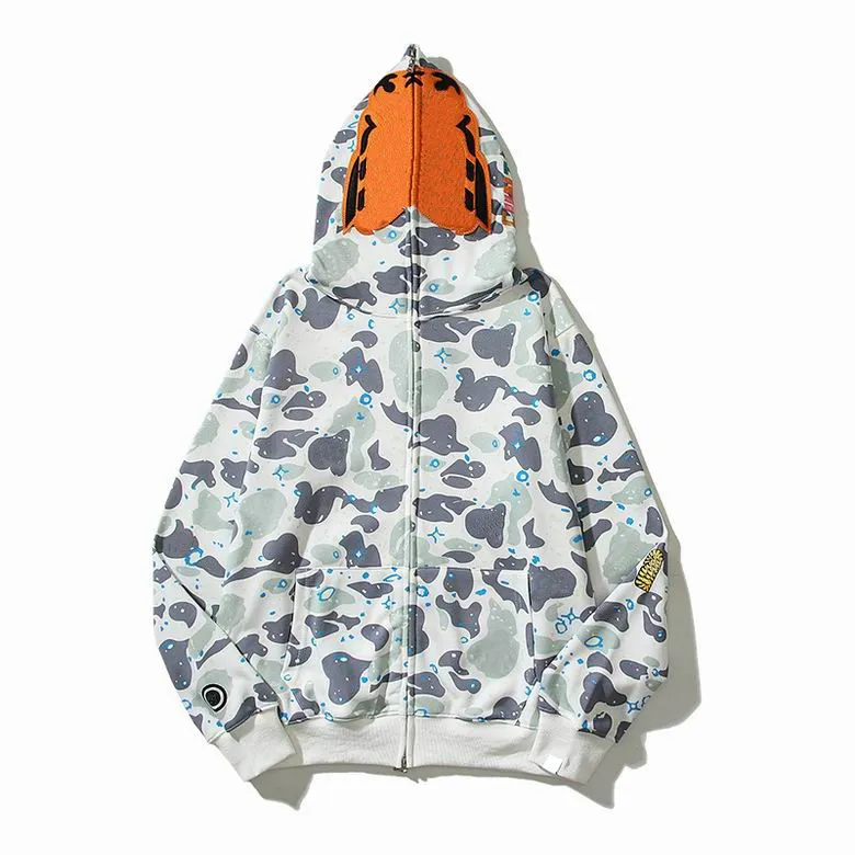 Sweat à capuche requin pour homme et femme Double chapeau coton broderie dessin animé imprimé singe sweat à capuche Animal homme manches longues fermeture éclair à capuche pour femme noir camouflage veste