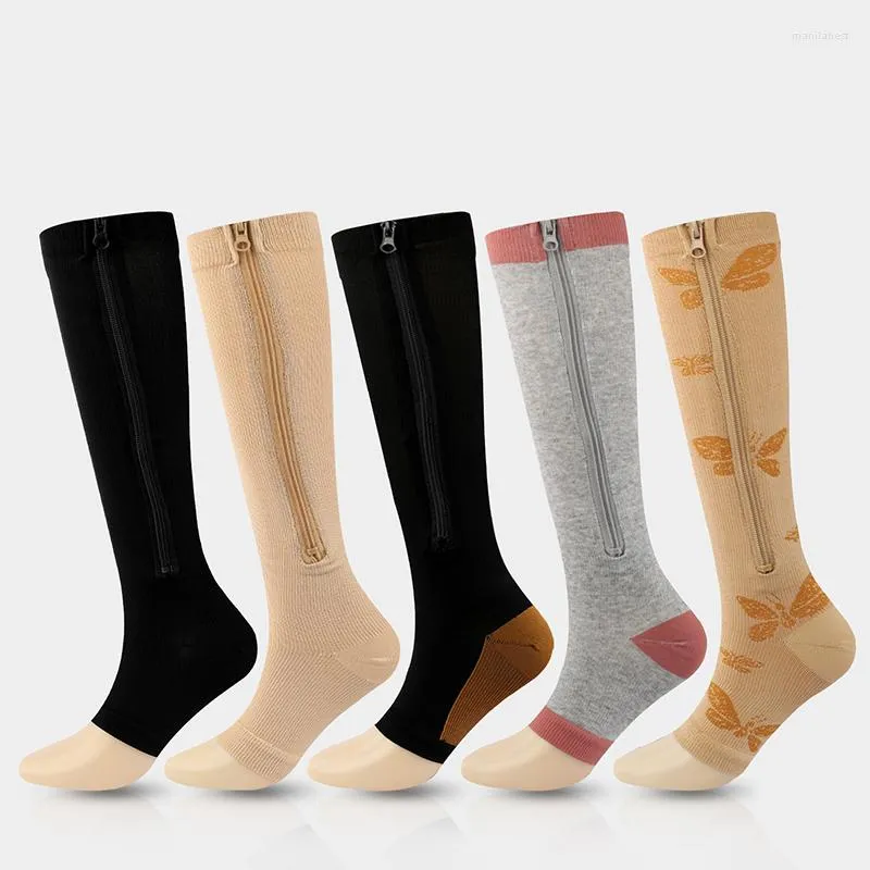 Damen-Socken, elastisch, Kompression, Sport, Fett verbrennen, Reißverschluss, knielang, Anti-Müdigkeit, schlank, zum Schlafen, Beinformer, verhindert Krampfadern