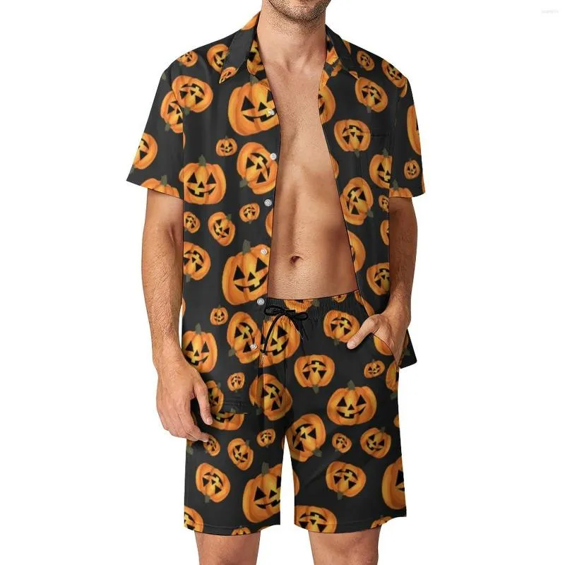 Fatos de treino masculinos engraçados conjuntos masculinos de Halloween Happy Pumpkin Conjunto de camisas casuais Hawaii Fitness Shorts ao ar livre Terno gráfico Roupas de duas peças Plus