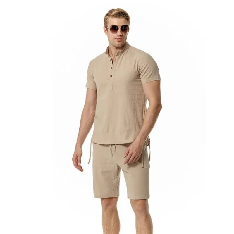 Mens Trailtsits Yaz Moda Pamuk Keten Plaj Tshirt Şortları Setler İnce Yumuşak İnce Fit Spor Erkekler Giyim Takımları 230715