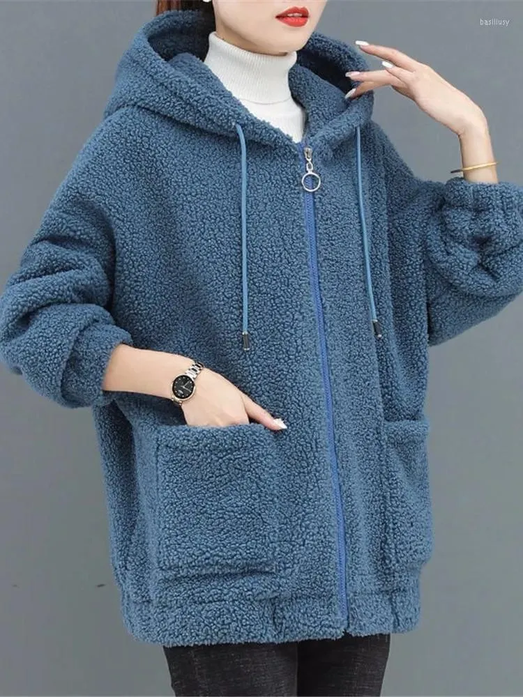 Kvinnors päls vinterjackor kvinnor lambwool kappa solid avslappnad varma cardigan hoodies mode blixtlås koreanska outwear