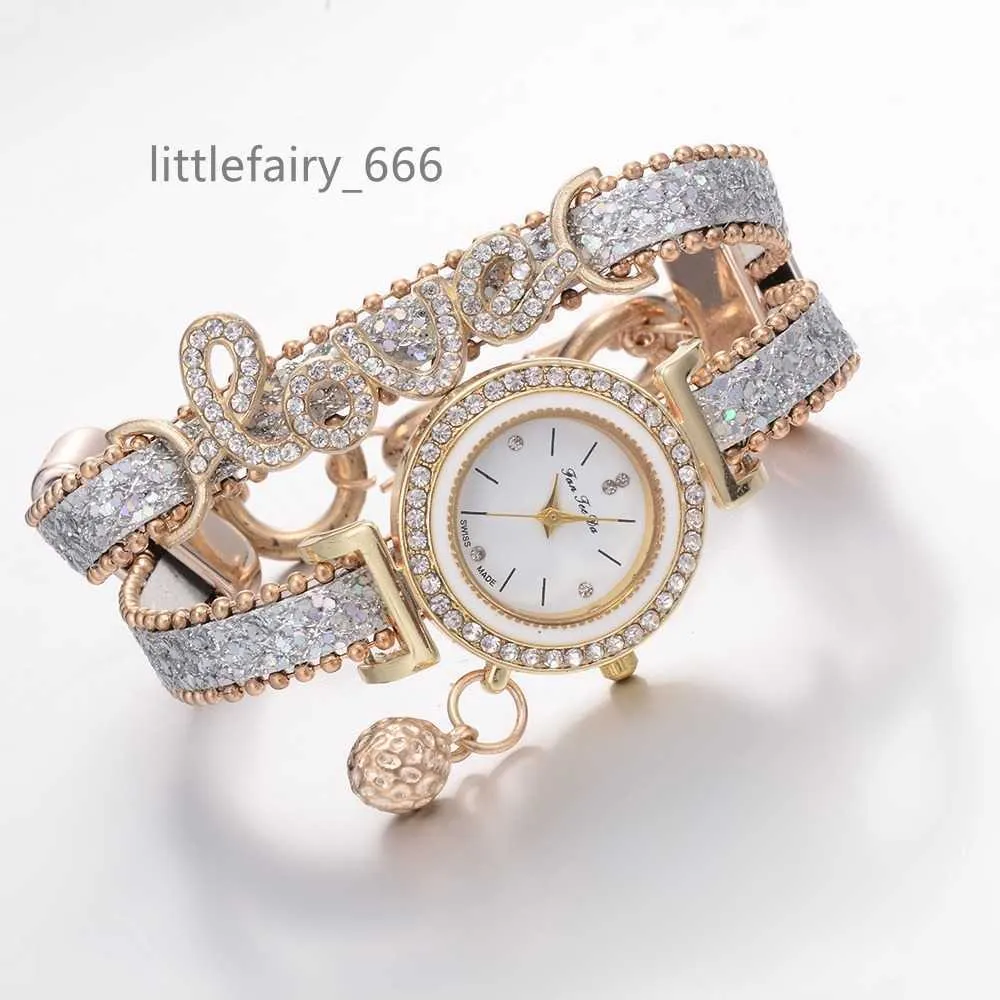 Moda con lettere AMORE Orologio al quarzo da donna con cinturino in pelle con diamanti pieni in metallo