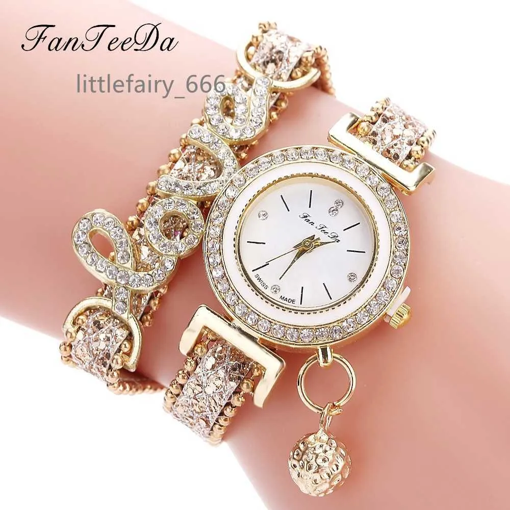 FanTeeDa Top marque femmes Bracelet montres dames amour Bracelet en cuir strass Quartz montre-Bracelet de luxe mode montre à Quartz