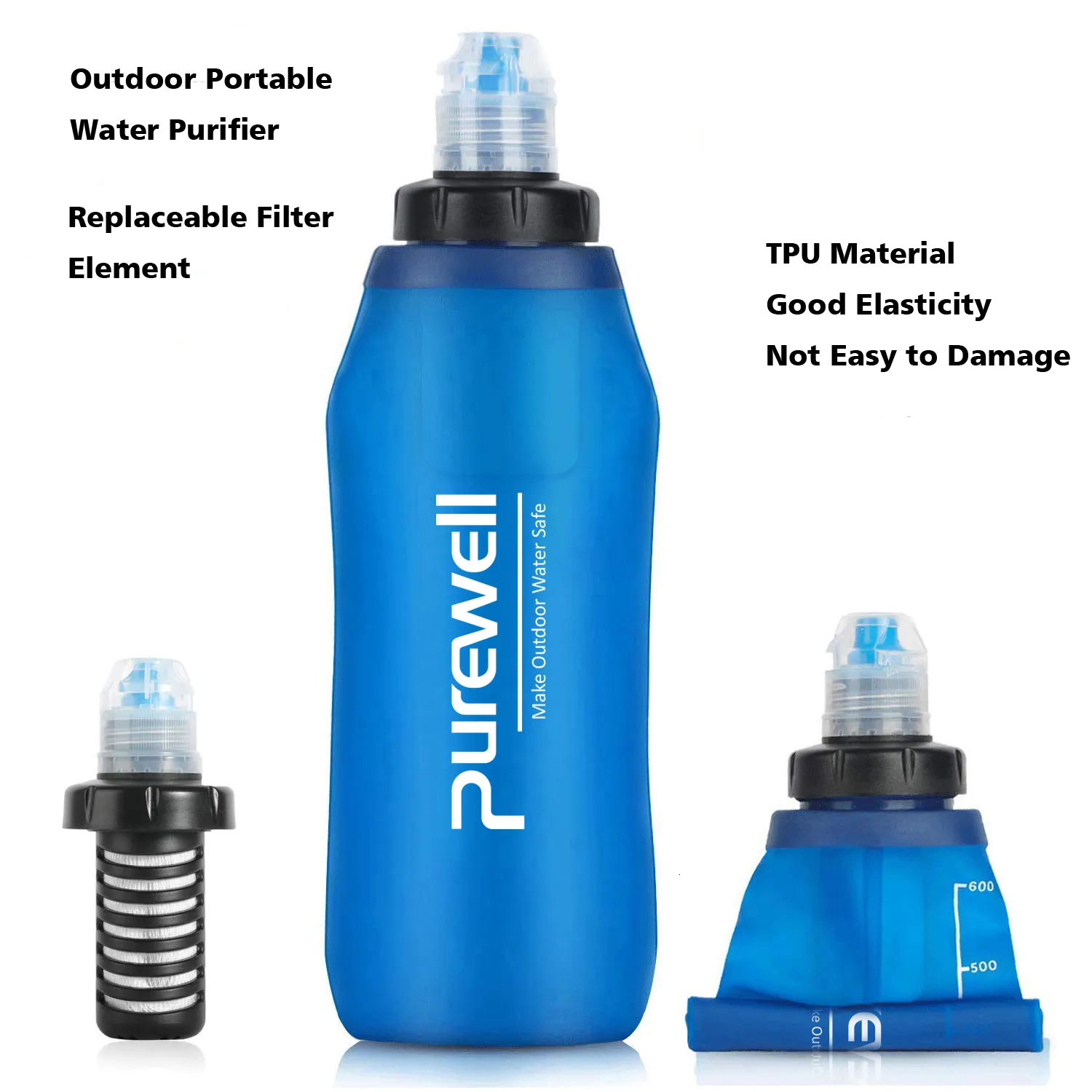 500ml Soft TPU Folding Water Filtration System Camping Bottle With