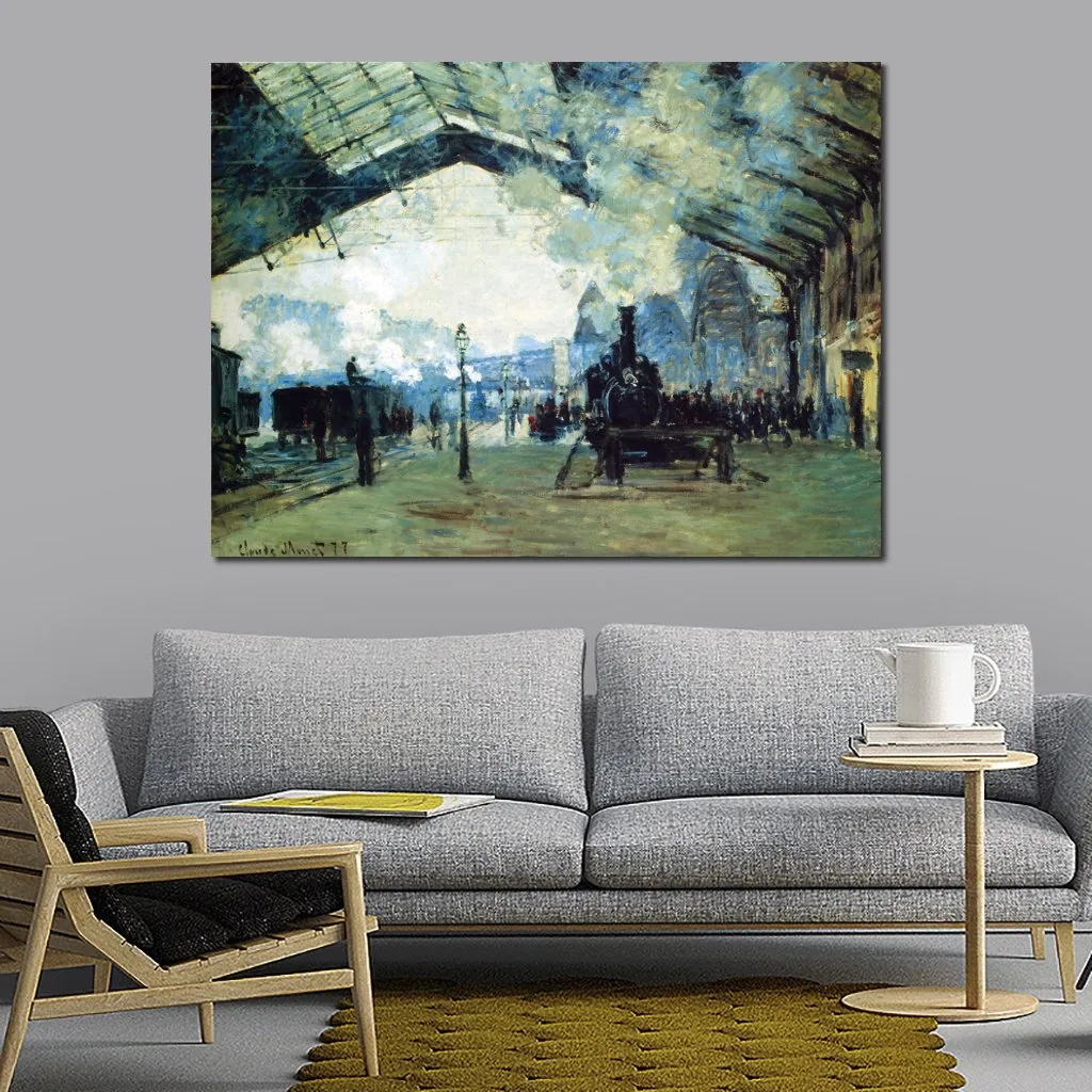 Hand Painted Textured Canvas Art Saint-lazare Gare Normandy Train Claude Monet Painting Still Life Dining Room Decor