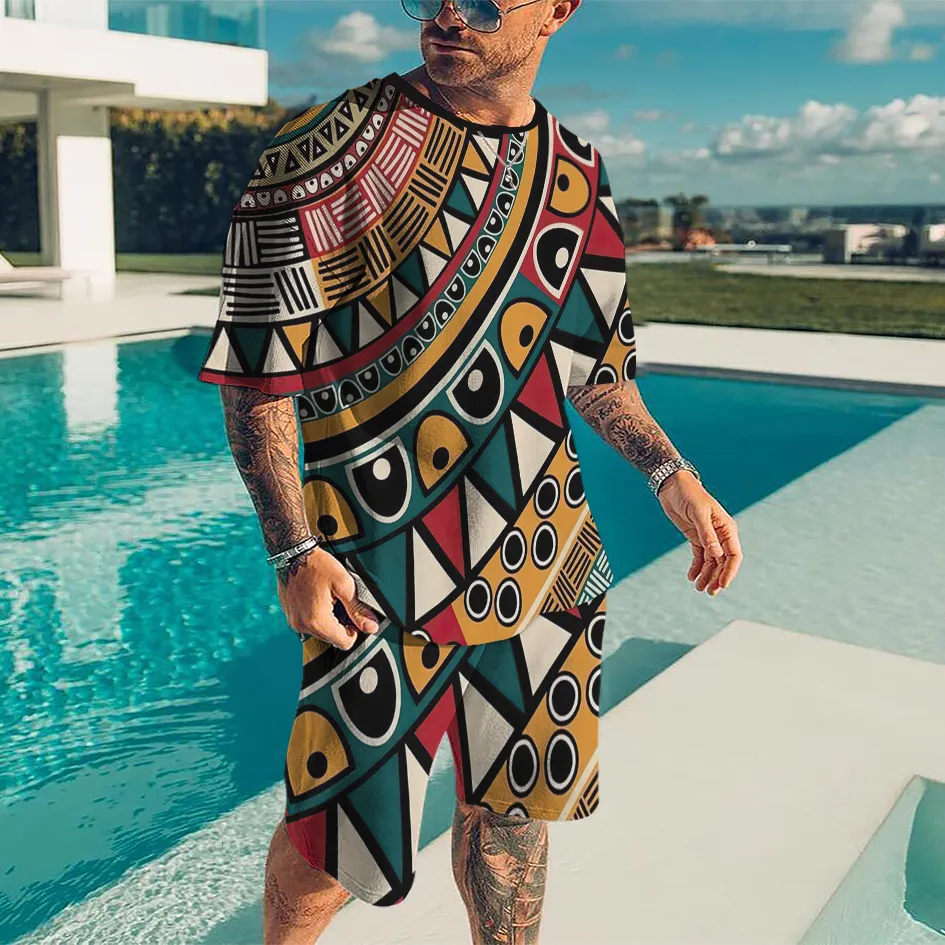 Men's Tracksuits Men's Summer Tracksuit Suits African Totem Series Sports Jogging Colorful T Shirt Outfits 3D Printed Breathable 2 Piece Sets 230715