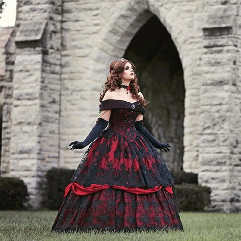 Plus Size Corset Gothic Trouwjurken Vloer Lengte Zwart En Rood Vintage Bruidsjurken Kant Applicaties Victoriaanse Vestido De Novia