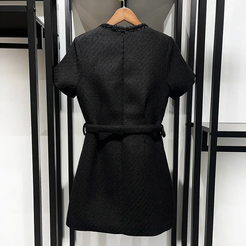 Black Textured Woven Mini Dress With Gold Buttons And Belt Black Textured Woven Mini Dress With Gold Buttons And Belt