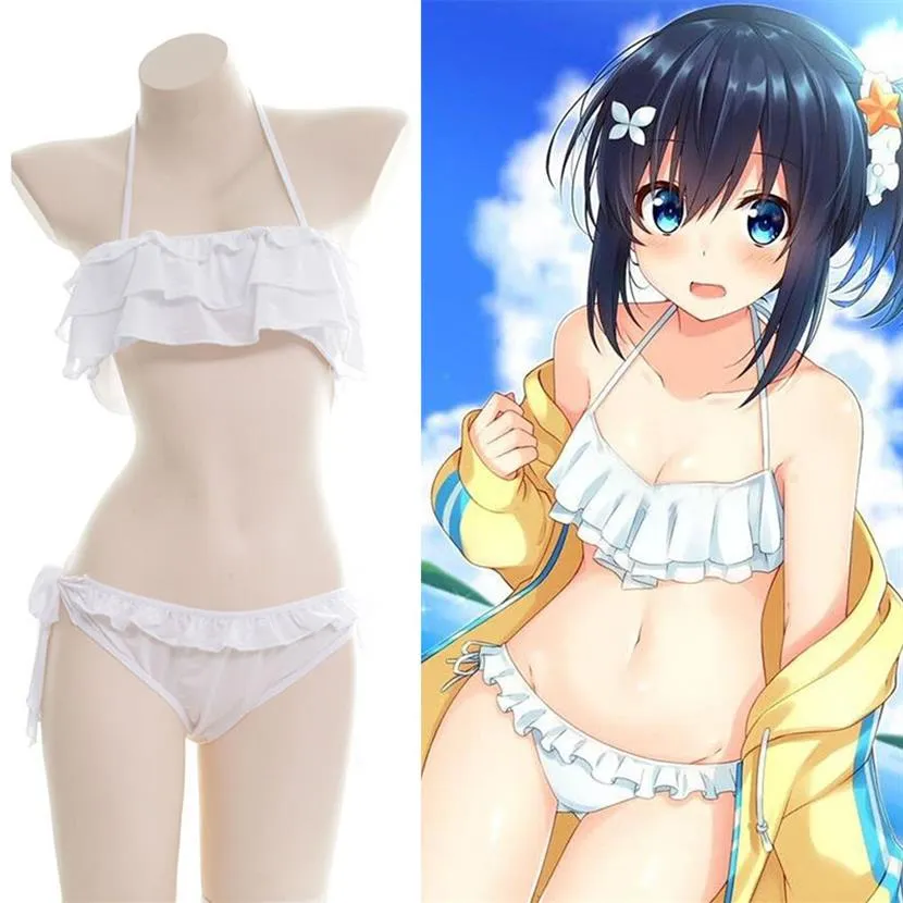 Japonais fille Anime Sexy Cosplay à volants Bikini blanc translucide Sukumizu maillot de bain adulte Look humide jeu de rôle Costumes306z