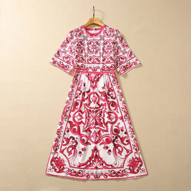 2023 Summer Red and White Porslin Paisley Print pärlor Bomullsklänning Kort ärm Runda hals Rhinestone Midi Casual Dresses S3Q160713