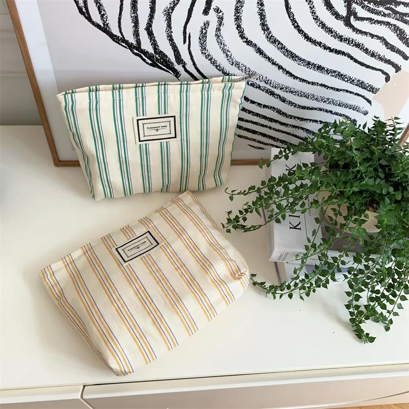 Cosmetic Bags Striped Women Bag Canvas Makeup Pouch Travel Portable Wash Toiletry Storage Organizer Ladies Phone Purse