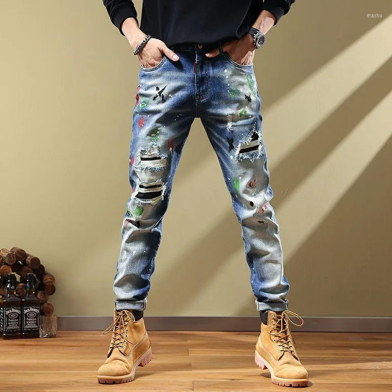 Jeans pour hommes 2023 Vintage broderie européenne et américaine imprimé rayé coupe ajustée élastique Leggings hommes maigres