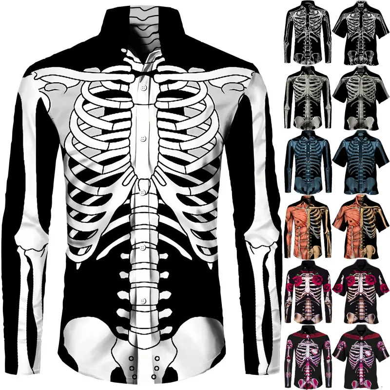 Męskie koszule na zwykłe koszule z nadrukiem 3D szkieletowym guziki dla mężczyzn Kobiety Karnawał Halloweenowy cosplay Krótki długi rękaw Tops Unisex Streetwear Ubrania 230715